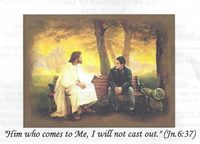 Church Bulletin cover image showing Jesus Christ sitting on a park bench talking to a young man