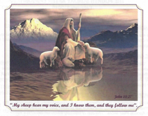 Christ sitting with his sheep and the waters and the mountains in the background. February 01, 2015